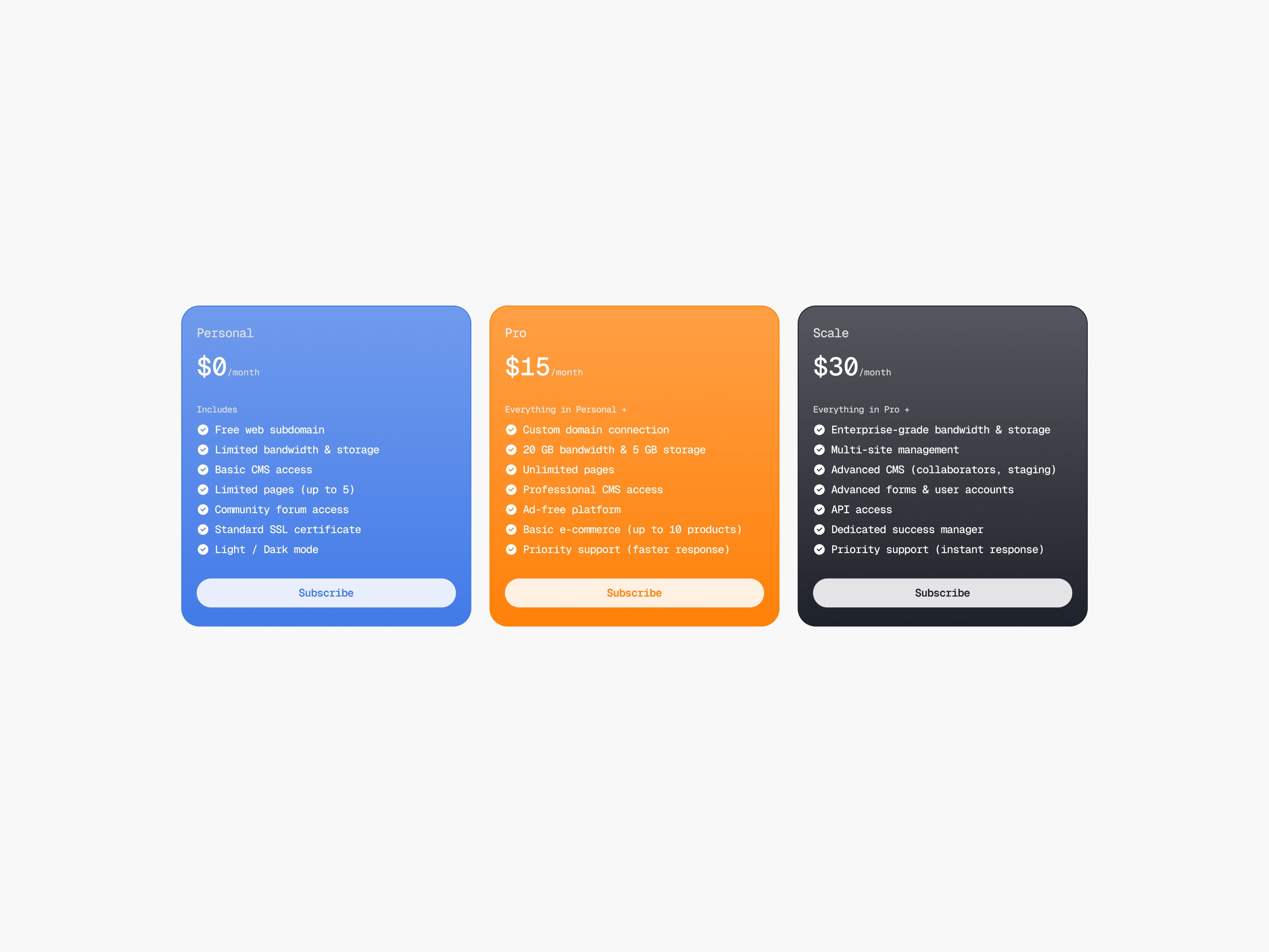 Pricing cards